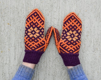 Purple orange hand knitted mittens Knit Wool mittens Patterned mittens