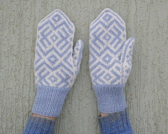 Light Blue white Hand Knitted Mittens, Wool Mittens