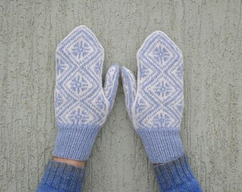 White light blue Hand Knitted Mittens, Wool Mittens,