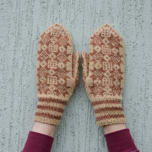 May include: A pair of knitted mittens in tan and brown. The mittens feature a repeating geometric pattern in brown and tan. The cuffs have brown and tan horizontal stripes. The mittens are displayed against a light blue-gray textured background.