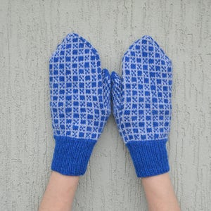 Blue light blue hand knitted wool mittens. image 1