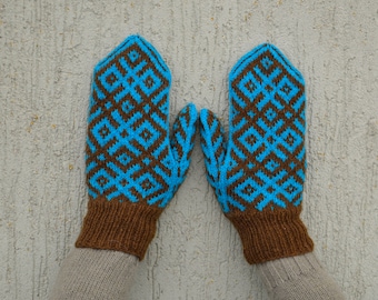 Turquoise blue brown hand knitted mittens Knit Wool mittens Patterned mittens