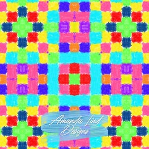 May include: A vibrant, colorful abstract pattern with a grid-like design. The artwork features a repeating pattern of squares in various bright colors, including red, yellow, blue, green, and purple. The text "Amanda Lind Designs" is written in white cursive on a blue background.