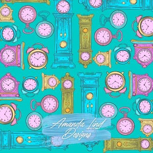 May include: A teal background features a pattern of various clocks in pink, yellow, blue, and green. The clocks include alarm clocks, pocket watches, and grandfather clocks. The image includes the text "Amanda Lind Designs".