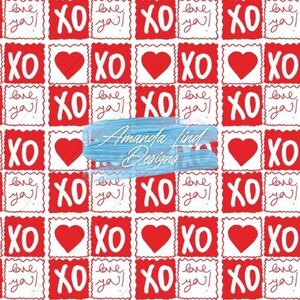 May include: A repeating pattern of red squares with white text and red hearts. The squares contain the words "XO" and "love ya!" in a handwritten style. The design is suitable for Valentine's Day.