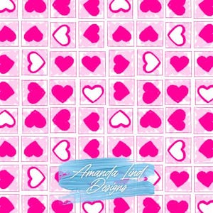 May include: A repeating pattern of pink hearts in a grid layout. Some hearts are solid pink, while others have white outlines. The background is a light pink with a white border. The text "Amanda Lind Designs" is on a blue brushstroke.