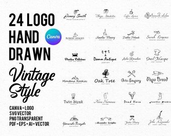 24 Logo Hand Drawing Vintage Style - Logo - Wedding - Vintage - Restaurant - Photography - Vector Logo - Canva Logo - Feminine Logo