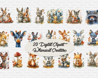 20 Whimsical Woodland Animal Watercolor 01 - Digital Clipart - Watercolor Clipart - Animal Clipart - Animal Watercolor - Animal Clipart