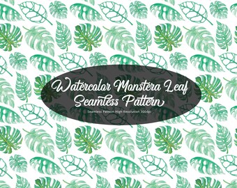 Watercolor Monstera Leaf Green Seamless Pattern