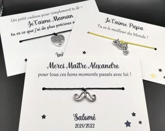 Carte bracelet à nouer, cadeau maîtresse, nounou, atsem, marraine, cadeau personnalisable, message personnalisé + prénom enfant