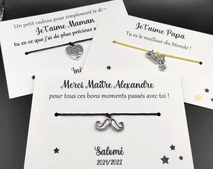 Bracelet card to tie, master gift, nanny, atsem, godmother, customizable gift, personalized message + child's first name