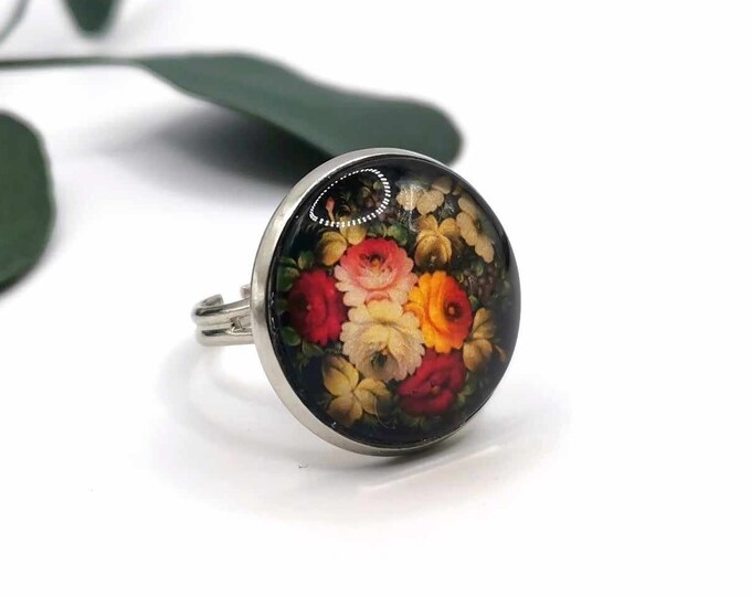 Flower cabochon ring, adjustable silver ring