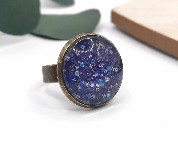 Blue flower cabochon ring, adjustable bronze ring