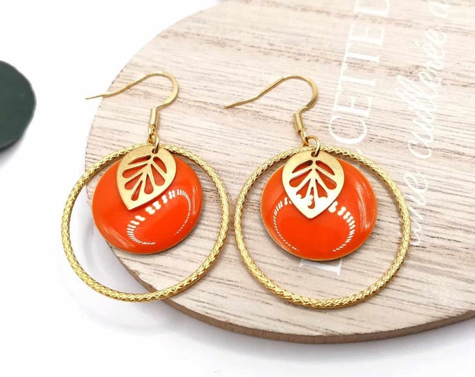 Stainless steel, gold and orange earrings