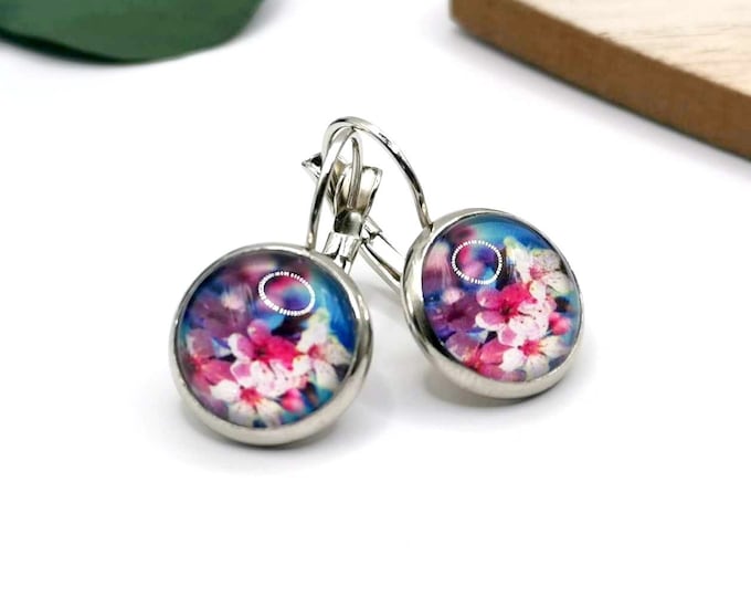 Cherry blossom cabochon earrings, white gold plated sleepers, small earrings