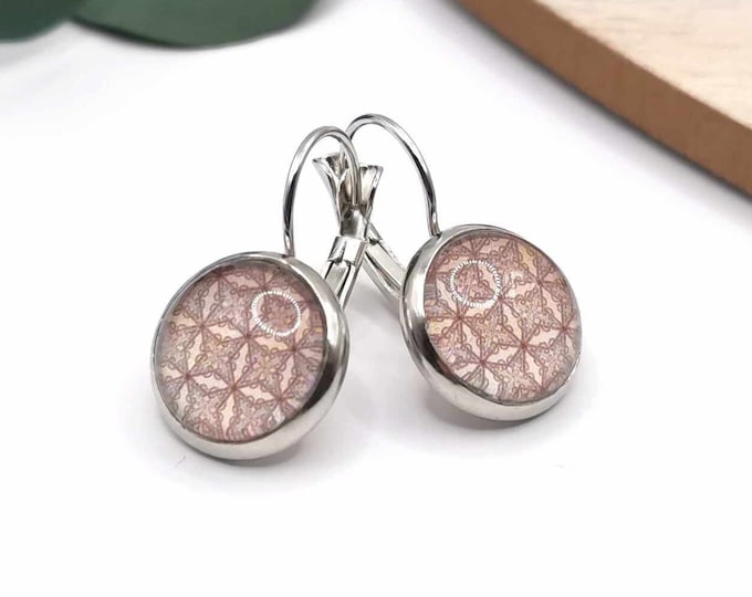 Cabochon earrings with geometric patterns, white gold plated sleepers, small earrings