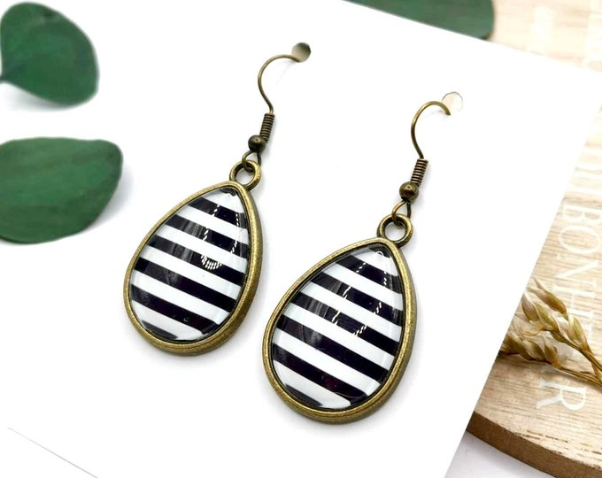Striped cabochon earrings, black and white, drop earrings