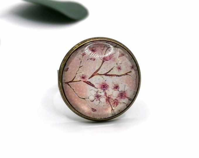 Cherry blossom cabochon ring, adjustable bronze ring