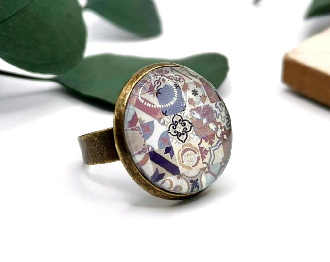 Mosaic cabochon ring, adjustable bronze ring