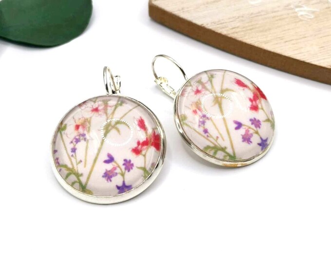 Large cabochon flower earrings, 925 Sterling silver sleepers