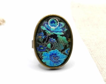 Bague ovale cabochon fleurs, bague bronze ajustable