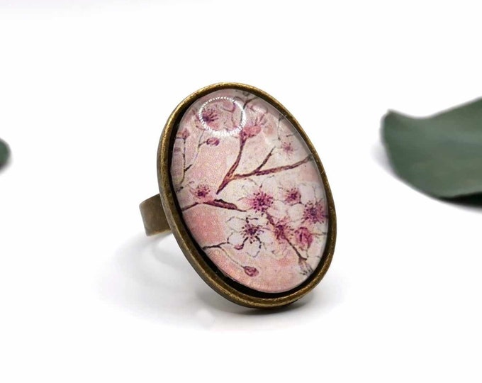 Oval cabochon cherry blossom ring, adjustable bronze ring