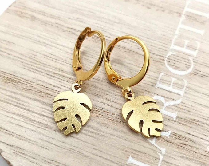 Minimalist earrings, small gold earrings, monstera