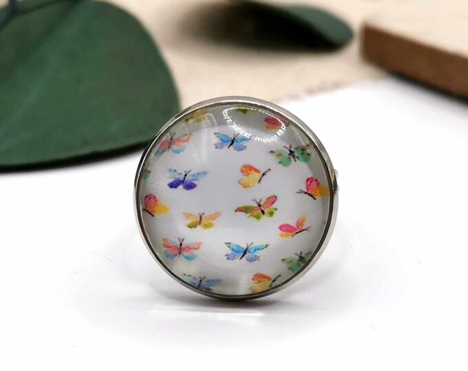 Butterfly cabochon ring, adjustable silver ring