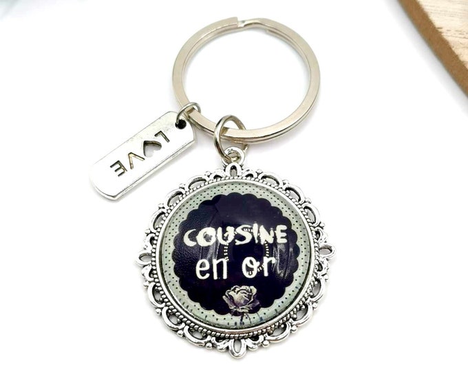 Cousin cabochon key ring "golden cousin", cousin gift