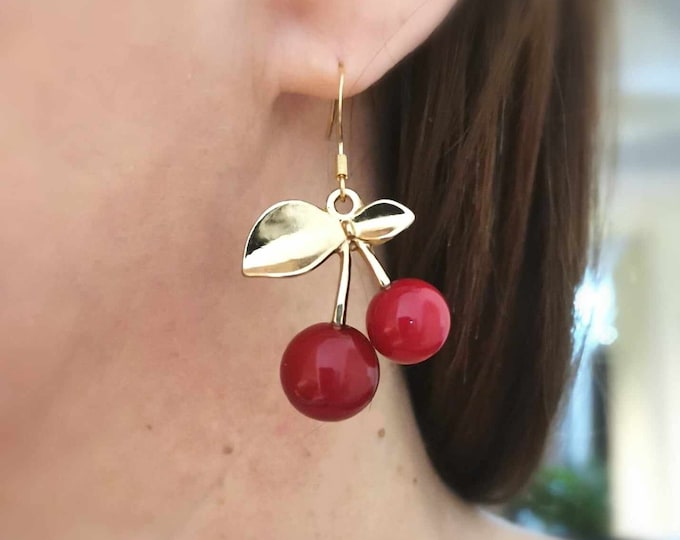 Gold stainless steel earrings, cherries