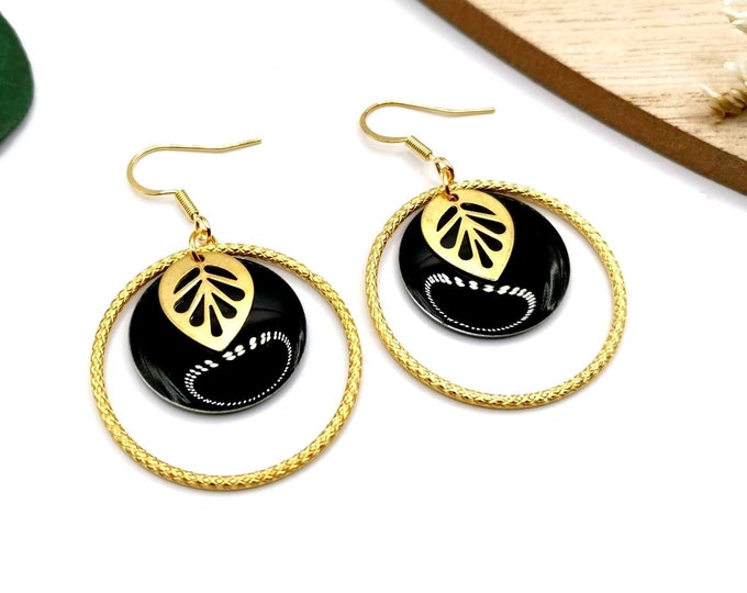 Stainless steel, gold and black earrings