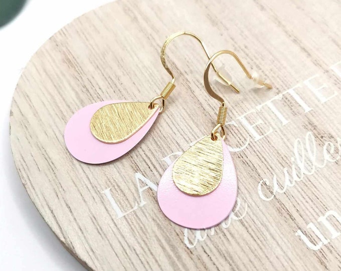 Stainless steel drop earrings, gold and pink