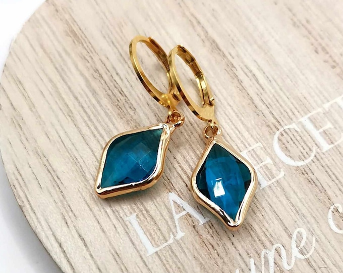 Minimalist earrings, small gold earrings, blue diamond