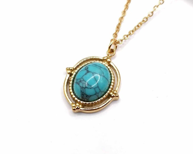 Gold stainless steel necklace, real turquoise