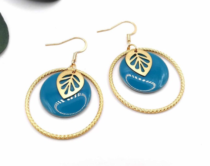 Stainless steel, gold and blue earrings