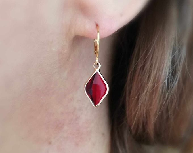 Minimalist earrings, small gold earrings, red diamond