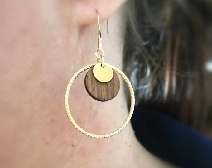 Stainless steel, gold and wood earrings