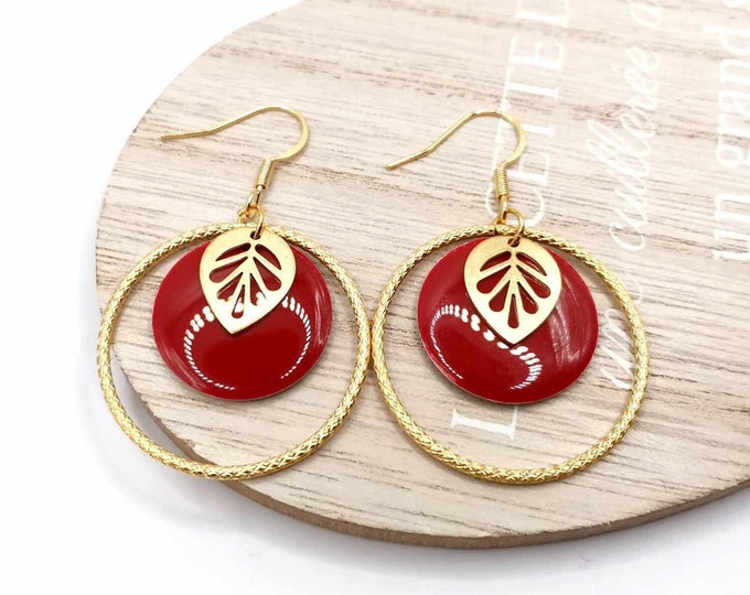 Stainless steel, gold and red earrings