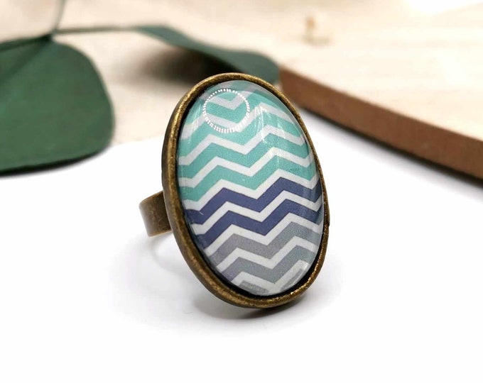 Oval cabochon chevron ring, adjustable bronze ring