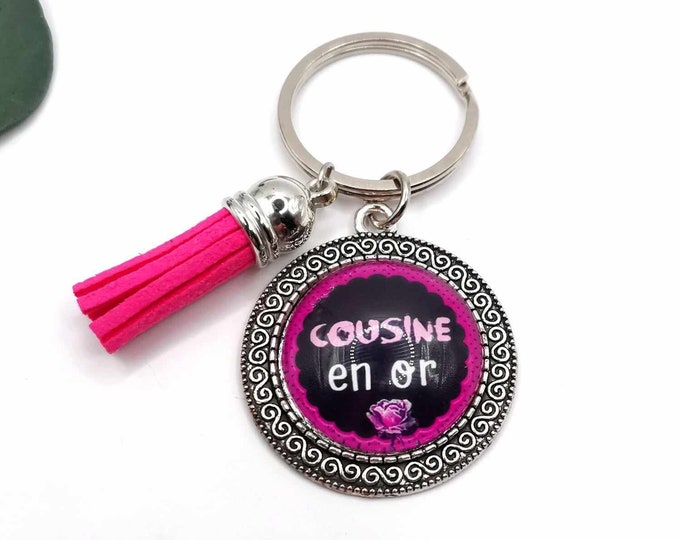 Cousin cabochon key ring "golden cousin", cousin gift