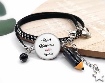 Bracelet cabochon maîtresse "merci maîtresse", cadeau maîtresse personnalisable, bracelet personnalisé, prénom enfant