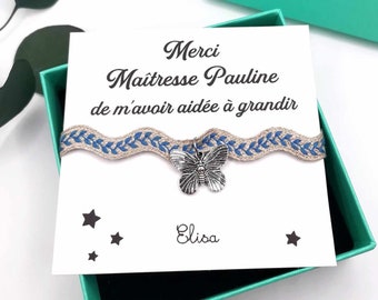 Bracelet lin avec écrin, merci maîtresse de m'avoir aidé à grandir, message personnalisé