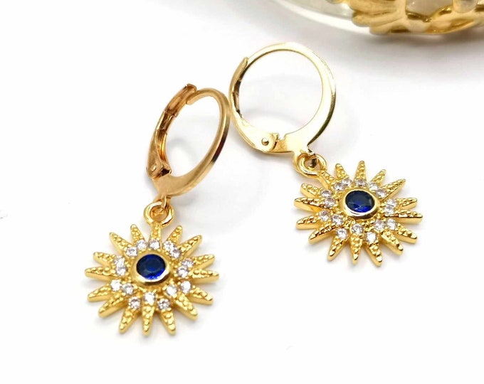 Minimalist gold earrings, zircon sun and blue glass
