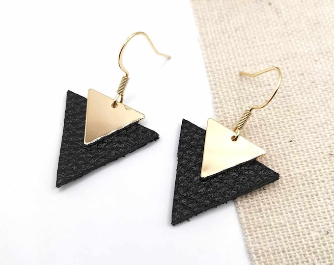 Triangle earrings, genuine leather and gold