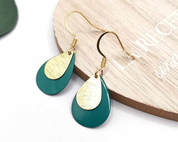 Stainless steel drop earrings, gold and duck blue