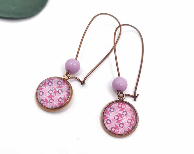 Cabochon earrings with geometric patterns, pink bronze sleepers, long earrings