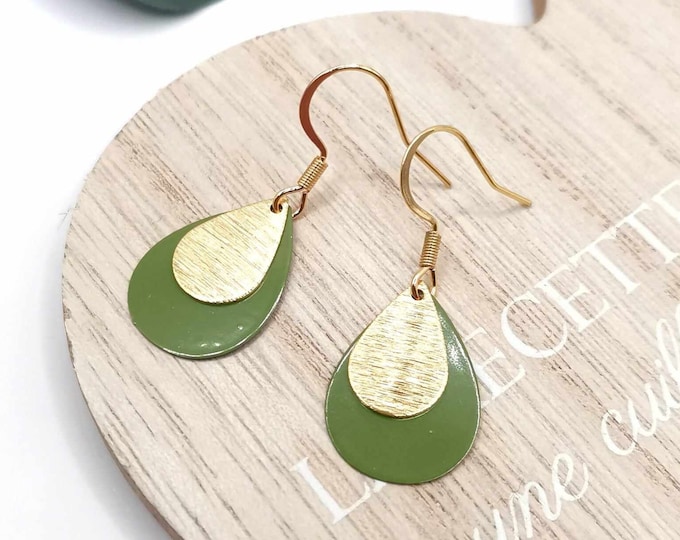 Stainless steel drop earrings, gold and olive