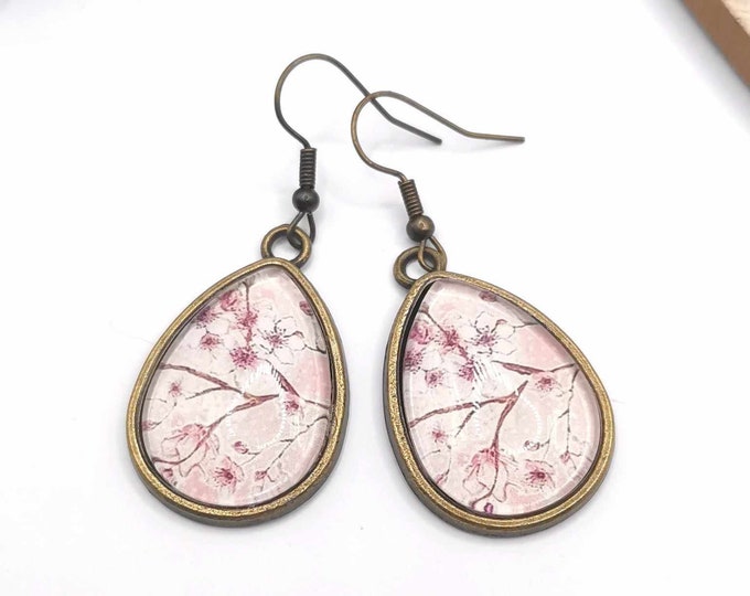 Cherry blossom cabochon earrings, drop earrings