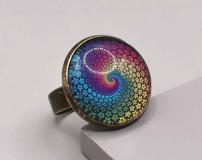 Rainbow cabochon ring, adjustable bronze ring