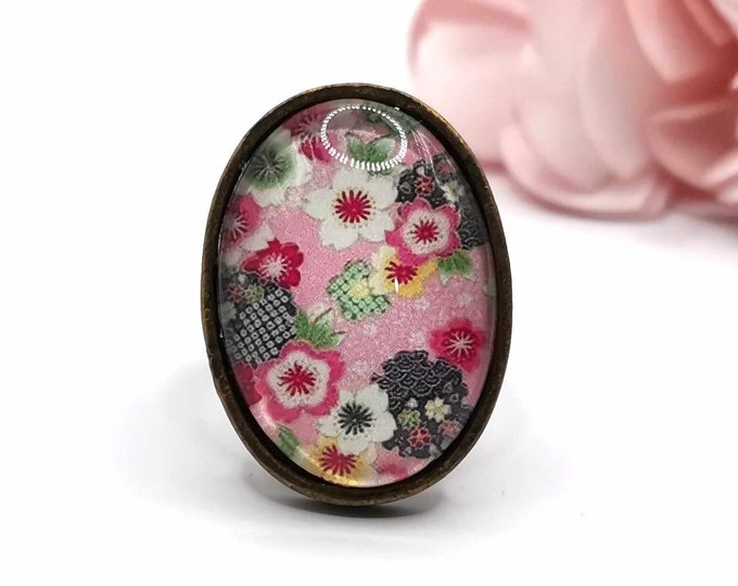 Japanese paper cabochon ring, adjustable bronze ring